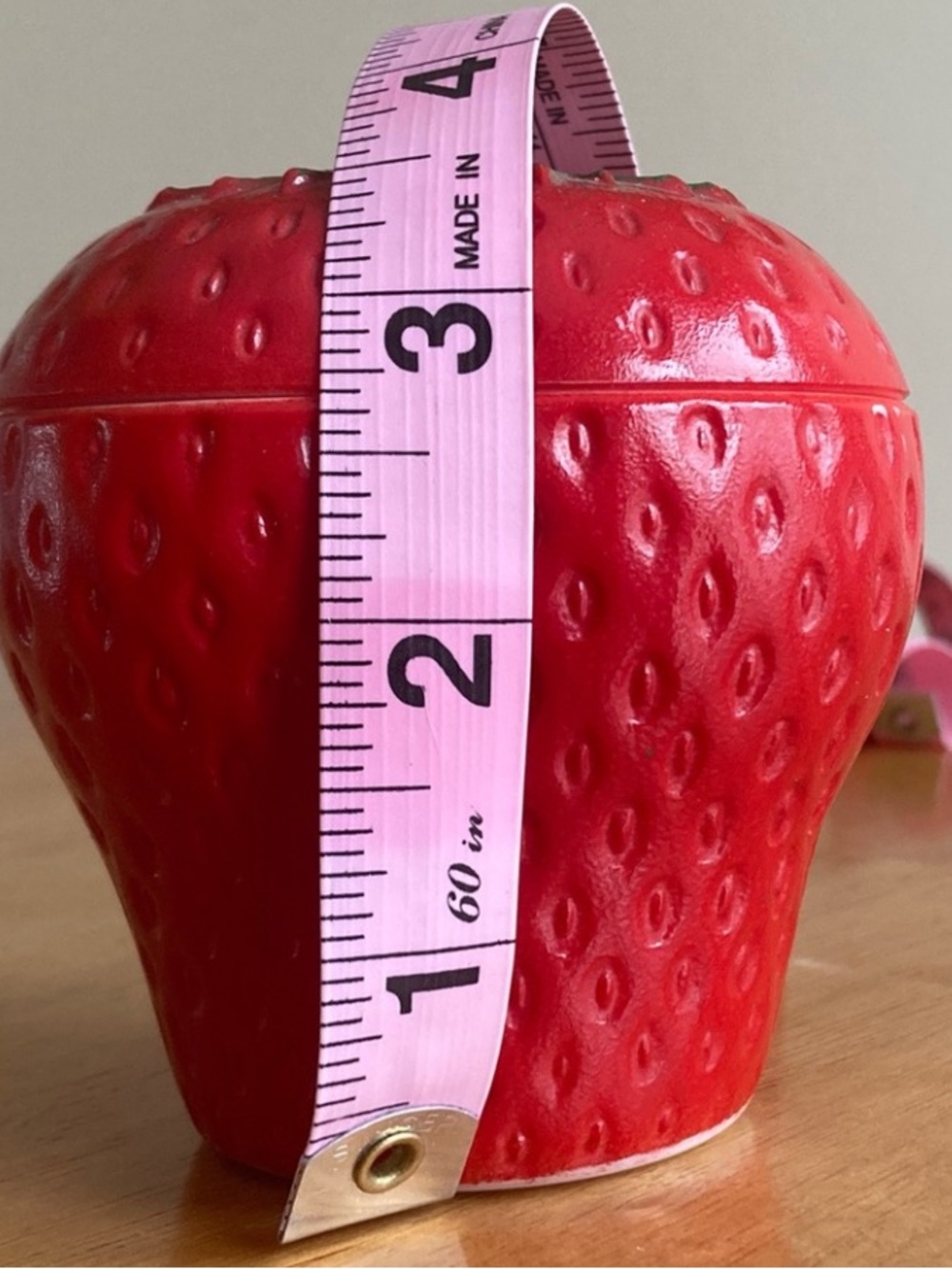 Vintage Glossy Red Strawberry Trinket Jar Green Stem Lid Ceramic EUC - Picture 10 of 12